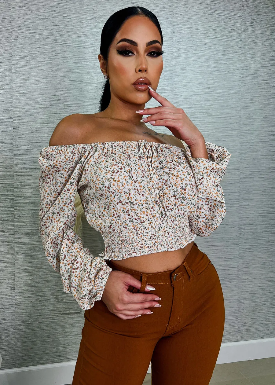 White Off Shoulder Floral Peasant Crop Top sold by Moda