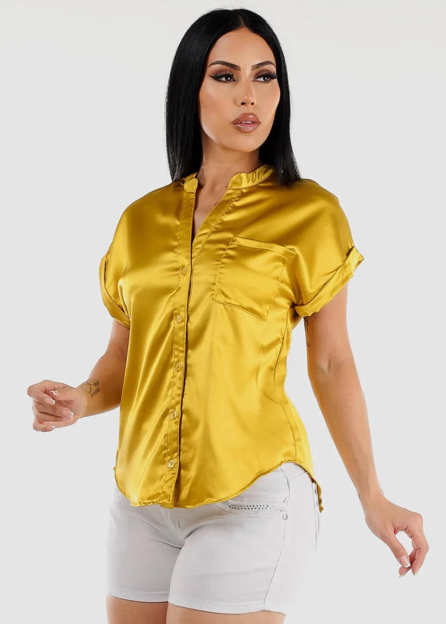 Short Sleeve Button Up Satin Blouse Mustard sold by Moda
