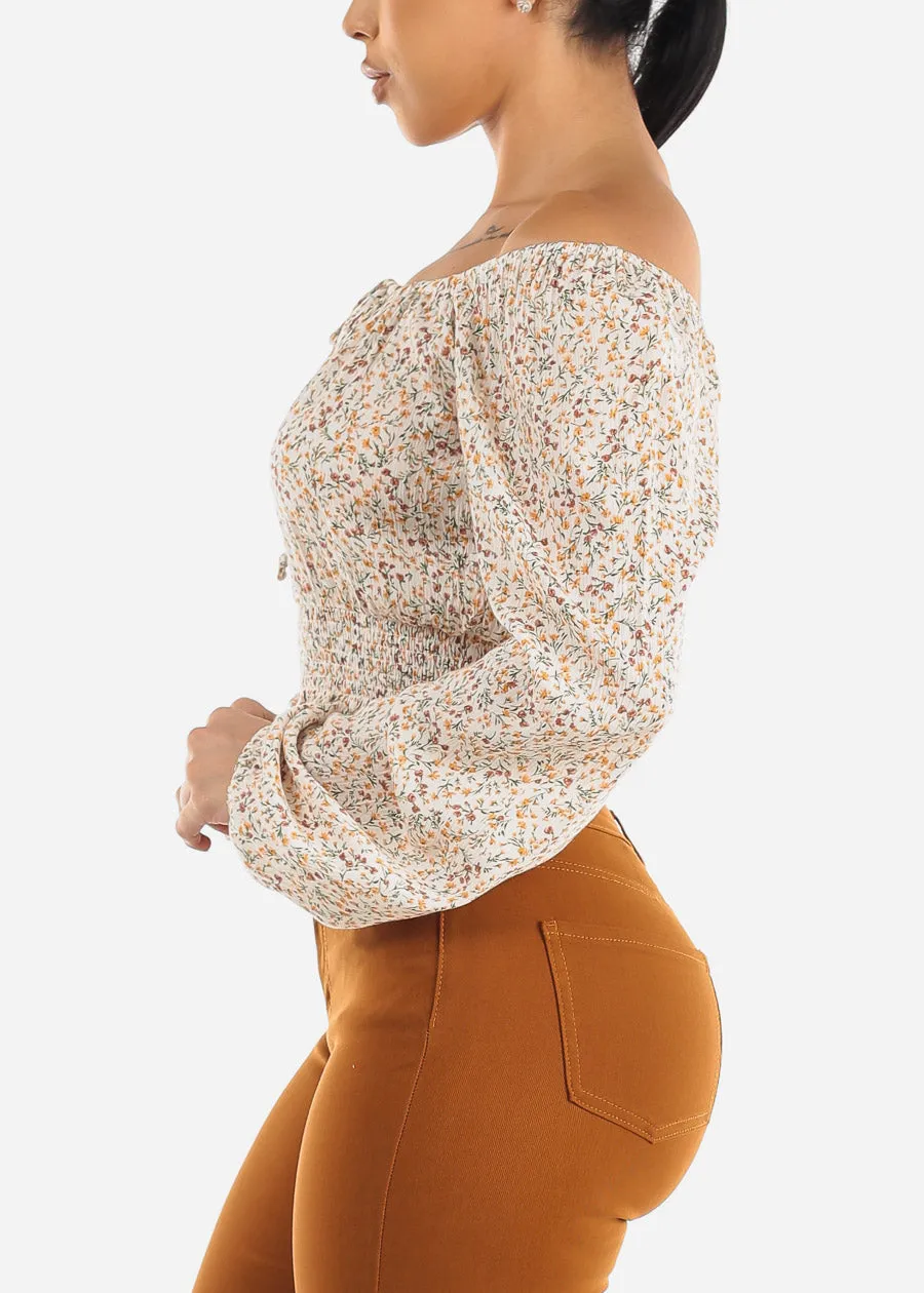 White Off Shoulder Floral Peasant Crop Top sold by Moda product image thumbnail 5