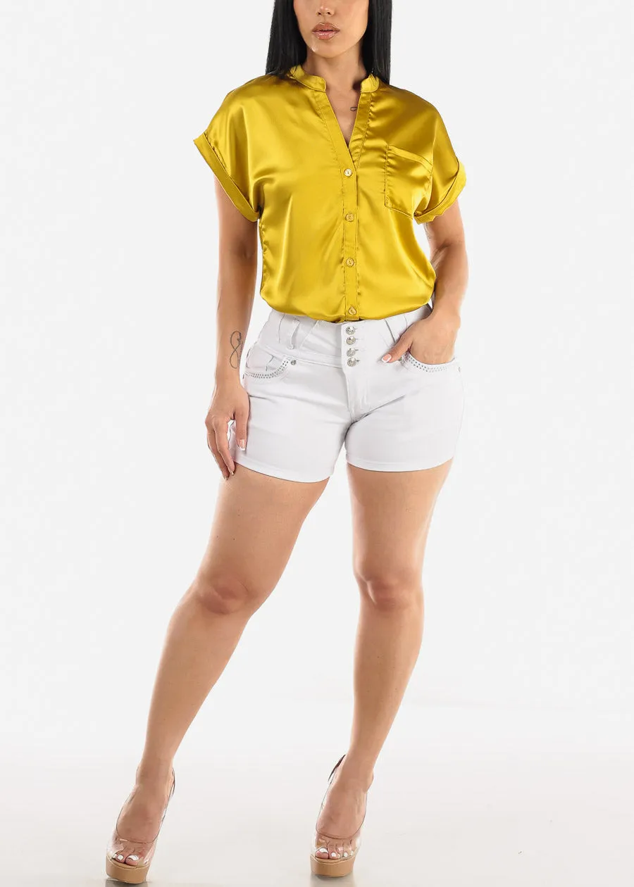 Short Sleeve Button Up Satin Blouse Mustard sold by Moda product image thumbnail 2
