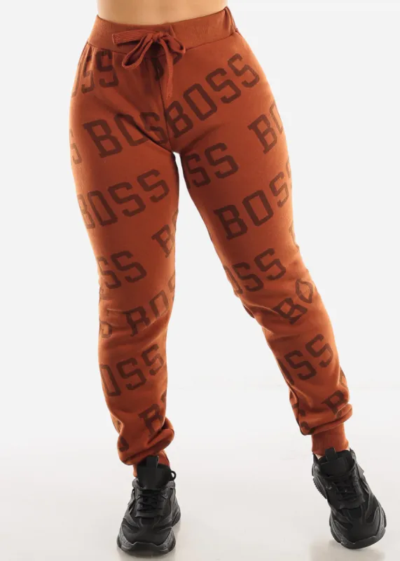 Fleece Drawstring Waist Jogger Sweatpants Rust "Boss" sold by Moda