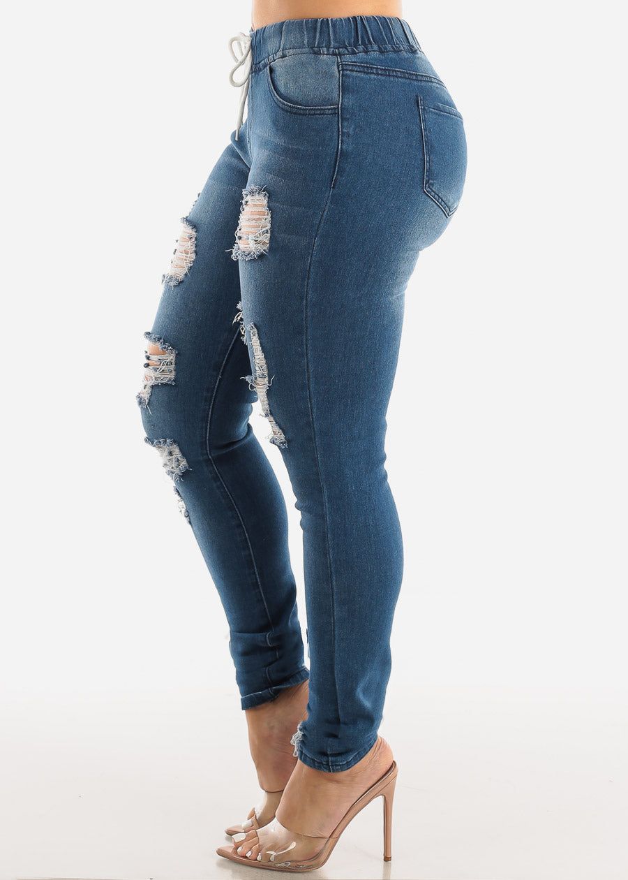 Drawstring Waist Distressed Denim Skinny Jeans Med Blue sold by Moda product image thumbnail 3