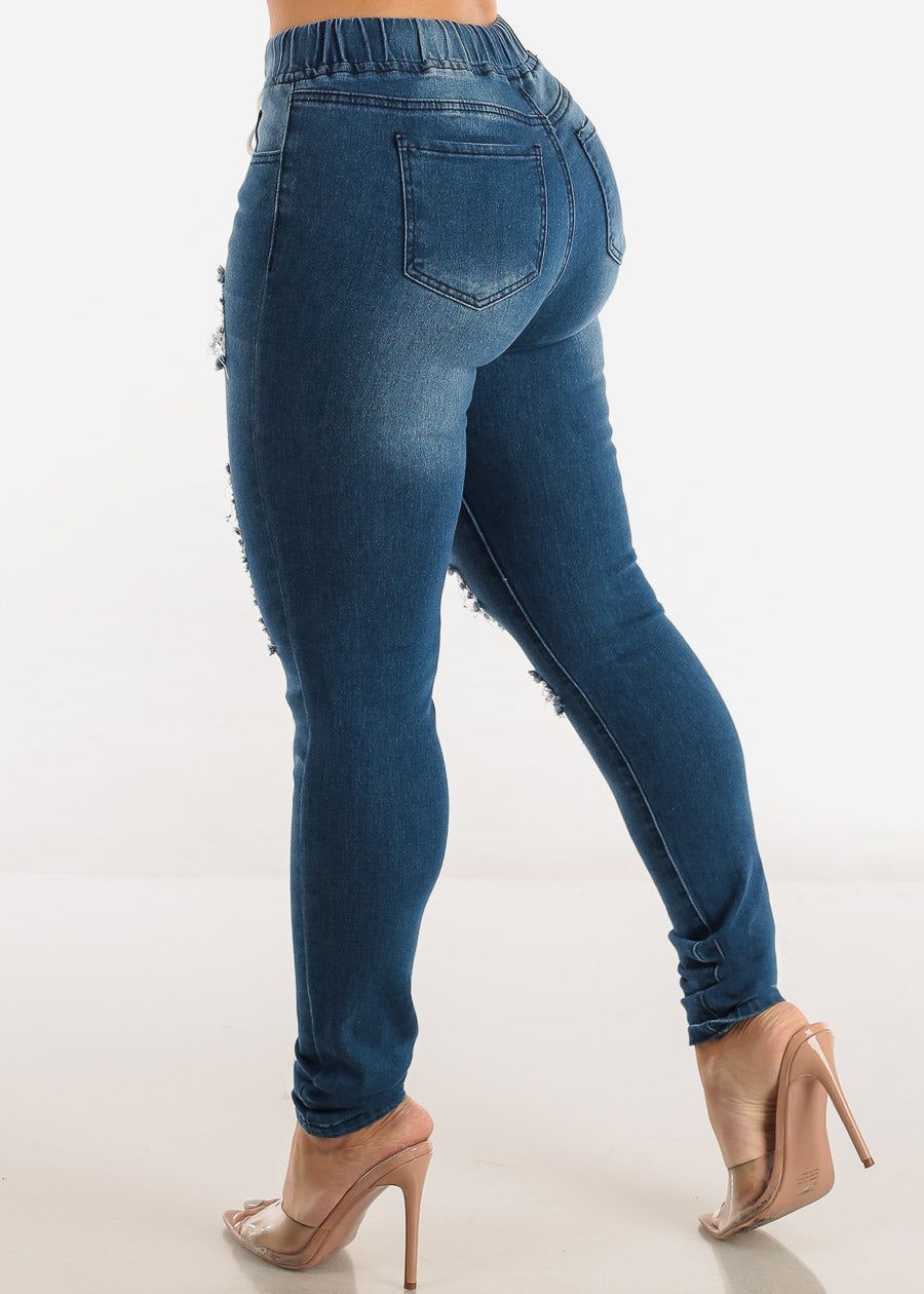 Drawstring Waist Distressed Denim Skinny Jeans Med Blue sold by Moda product image thumbnail 4