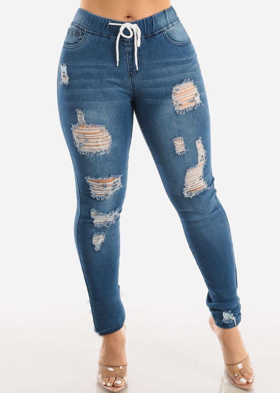 Drawstring Waist Distressed Denim Skinny Jeans Med Blue sold by Moda