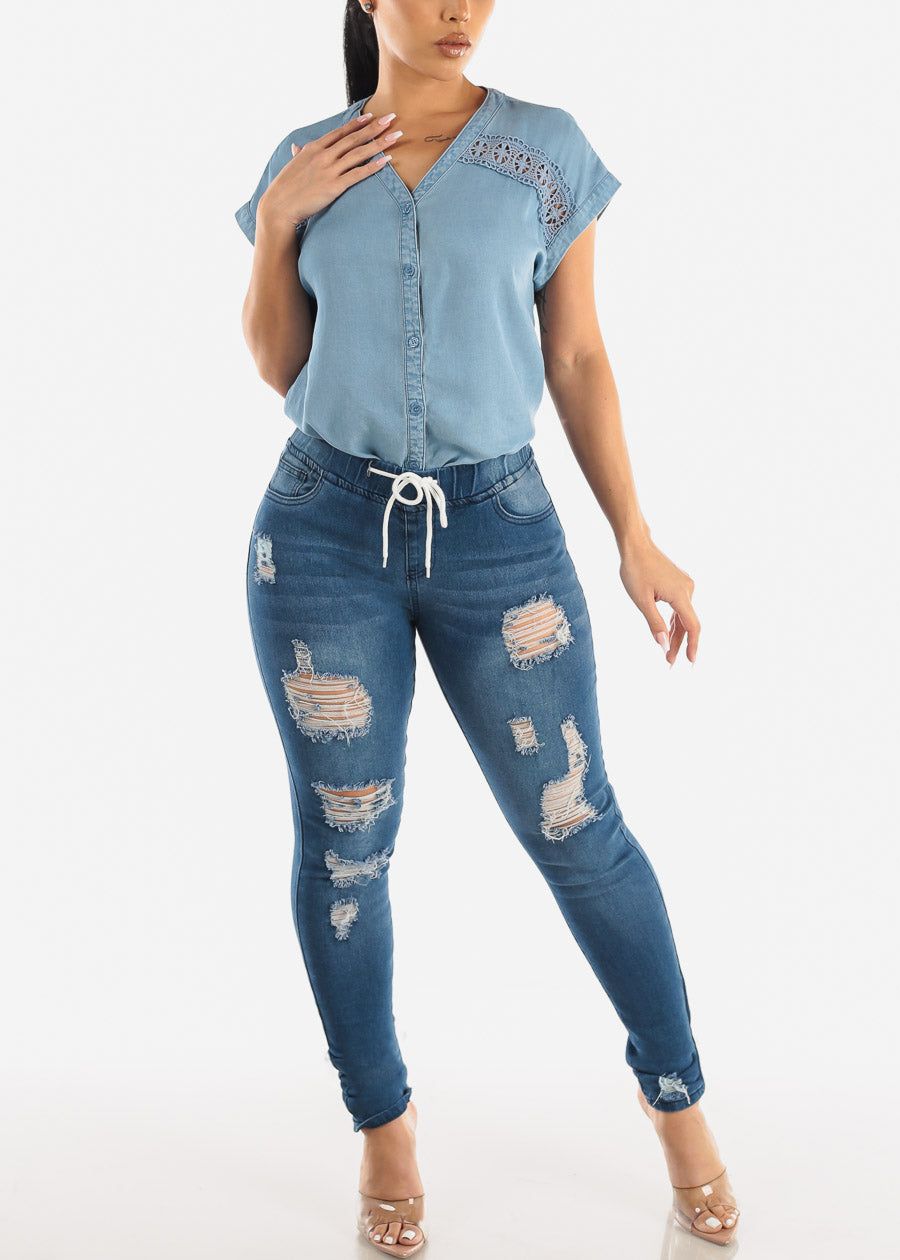 Drawstring Waist Distressed Denim Skinny Jeans Med Blue sold by Moda product image thumbnail 2
