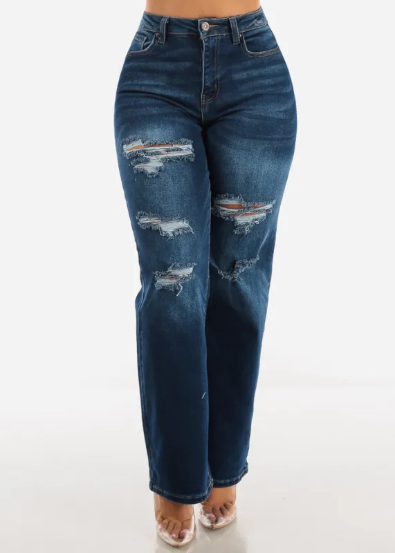 Dark Distressed Straight Leg Mom Jeans sold by Moda
