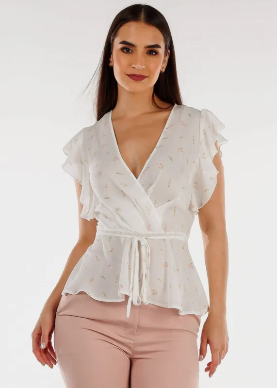 Short Sleeve Floral Surplice Peplum Blouse White w Ruffle Trim sold by Moda