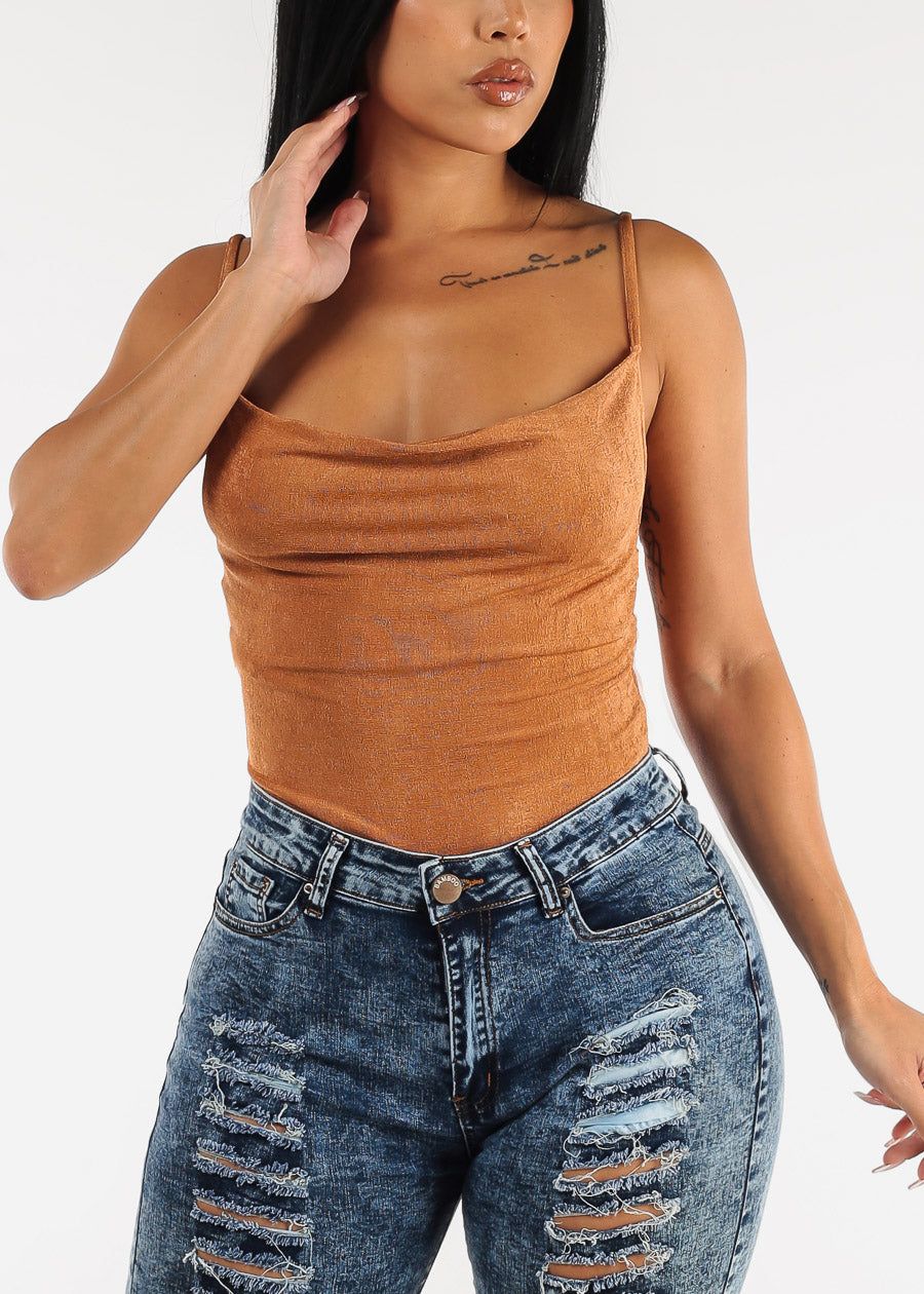 Sleeveless Slinky Cowl Neck Thong Bodysuit Light Brown sold by Moda product image thumbnail 5