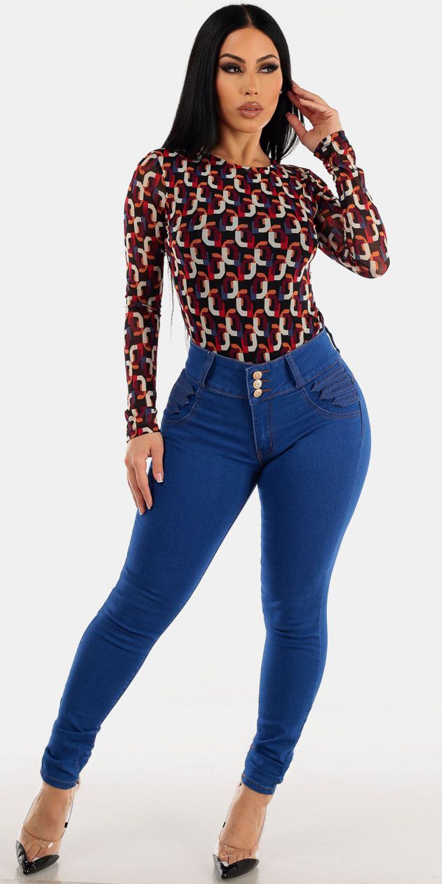 Butt Lift Denim Printed Bodysuit Look sold by Moda