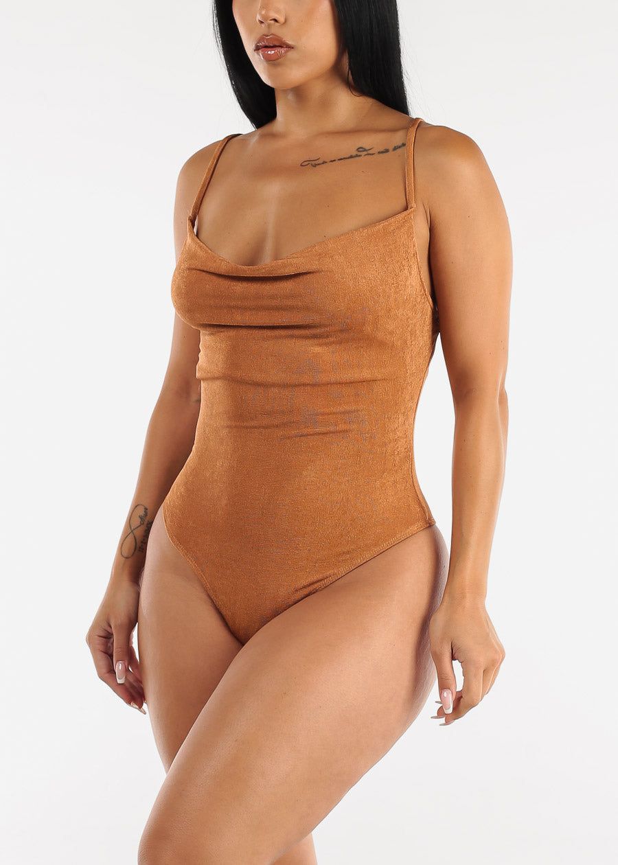 Sleeveless Slinky Cowl Neck Thong Bodysuit Light Brown sold by Moda