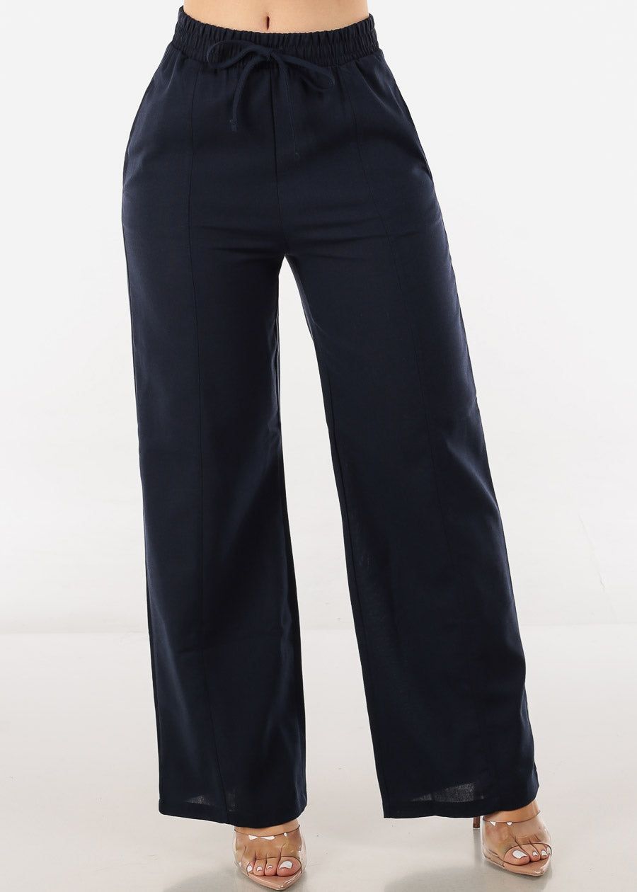 High Waist Wide Leg Linen Pants Navy sold by Moda