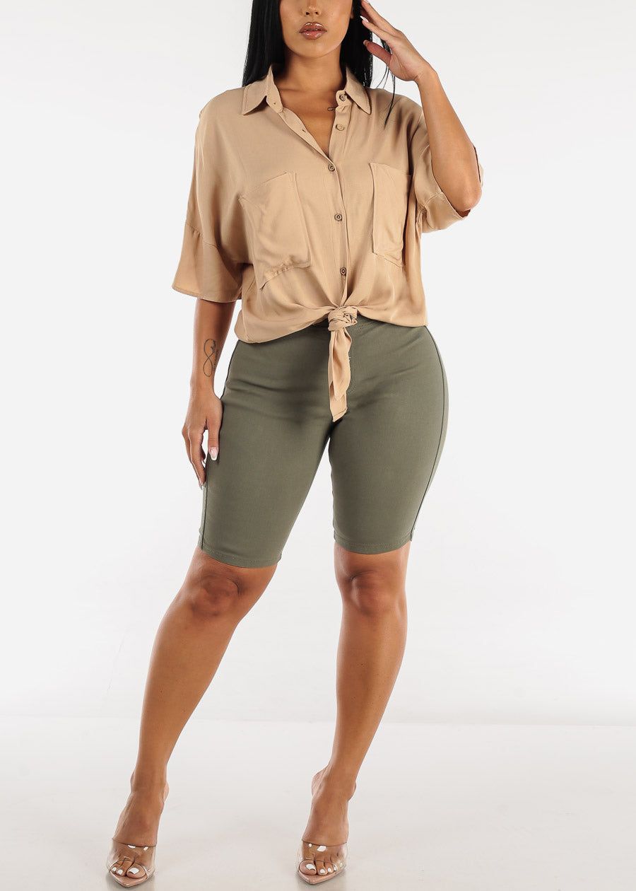 Short Sleeve Tie Front Button Up Tunic Shirt Khaki sold by Moda product image thumbnail 2