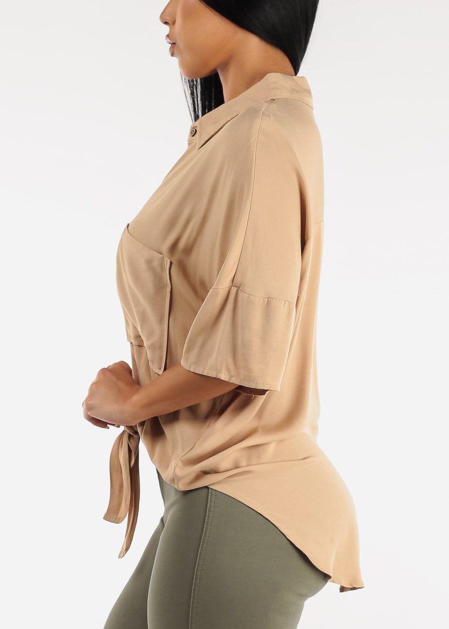 Short Sleeve Tie Front Button Up Tunic Shirt Khaki sold by Moda product image thumbnail 3