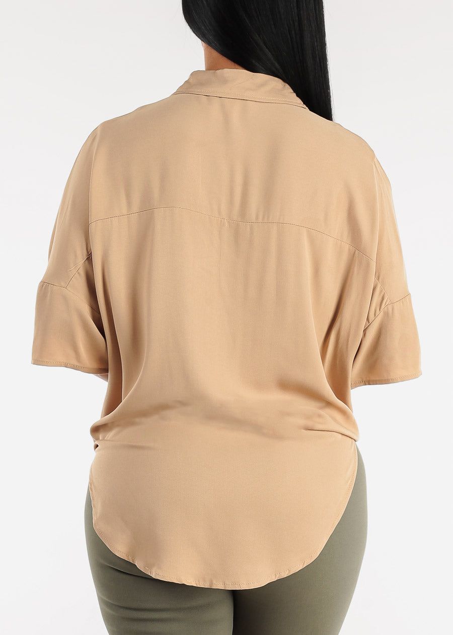 Short Sleeve Tie Front Button Up Tunic Shirt Khaki sold by Moda product image thumbnail 4