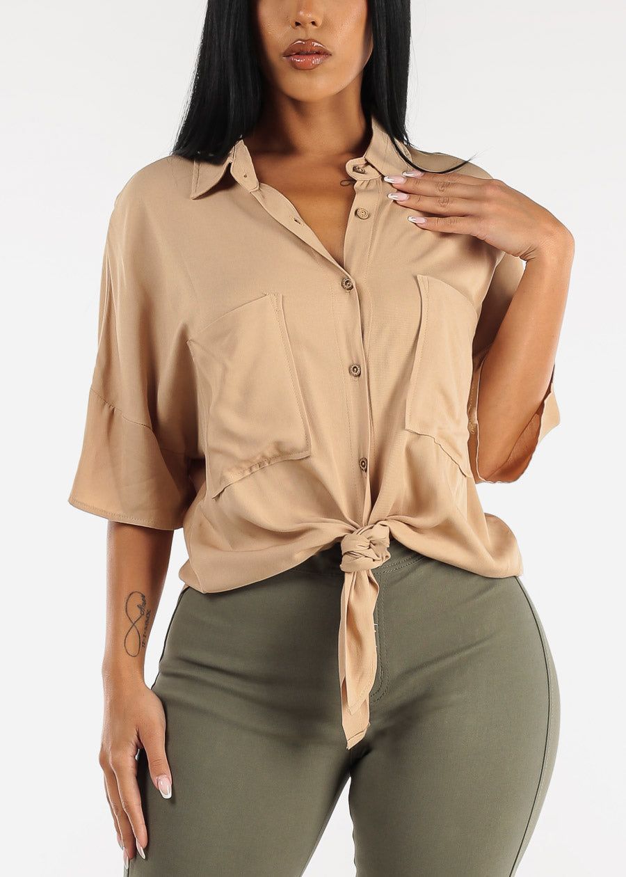 Short Sleeve Tie Front Button Up Tunic Shirt Khaki sold by Moda