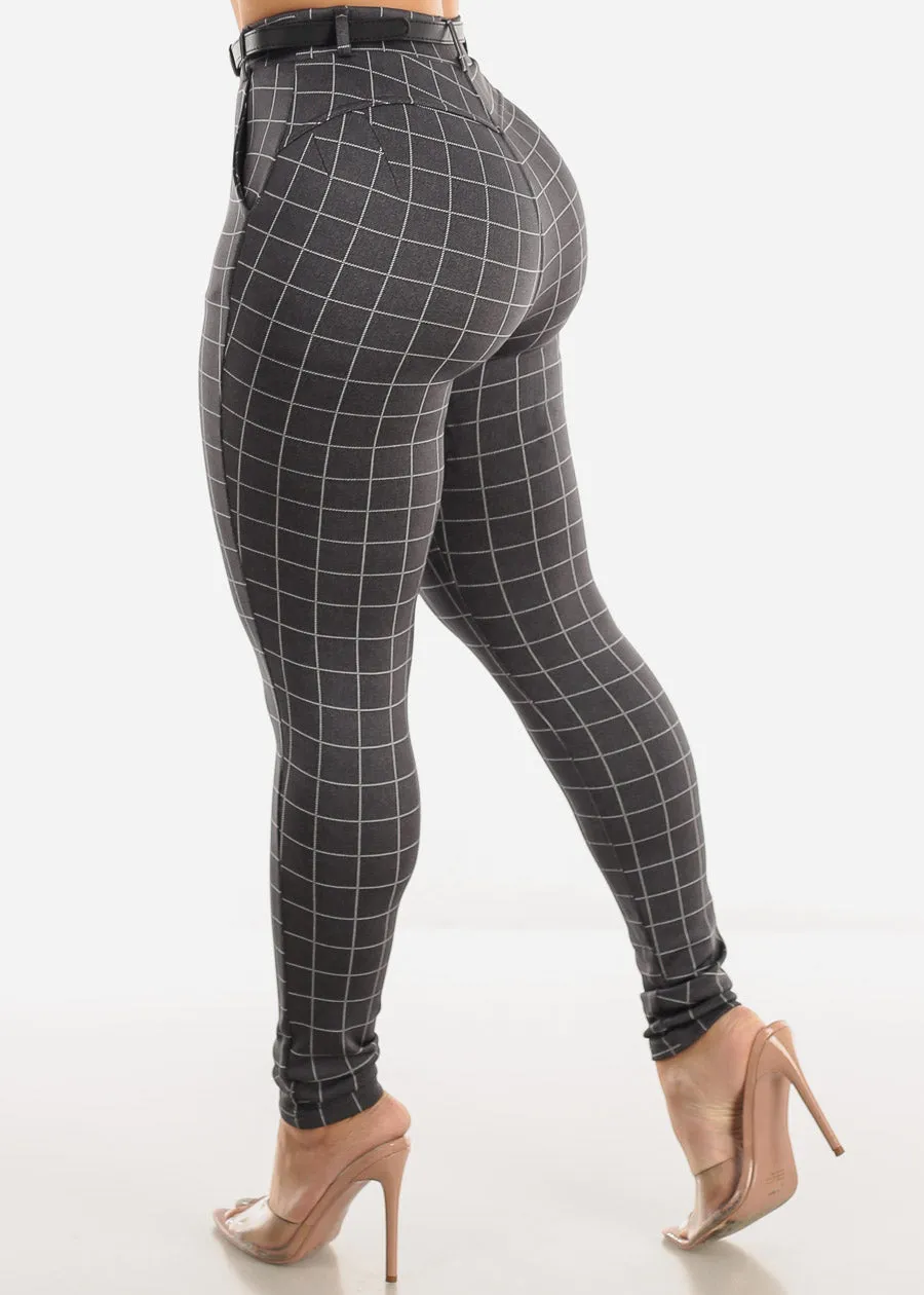 Butt Lifting Plaid Skinny Pants Grey w Belt sold by Moda product image thumbnail 5