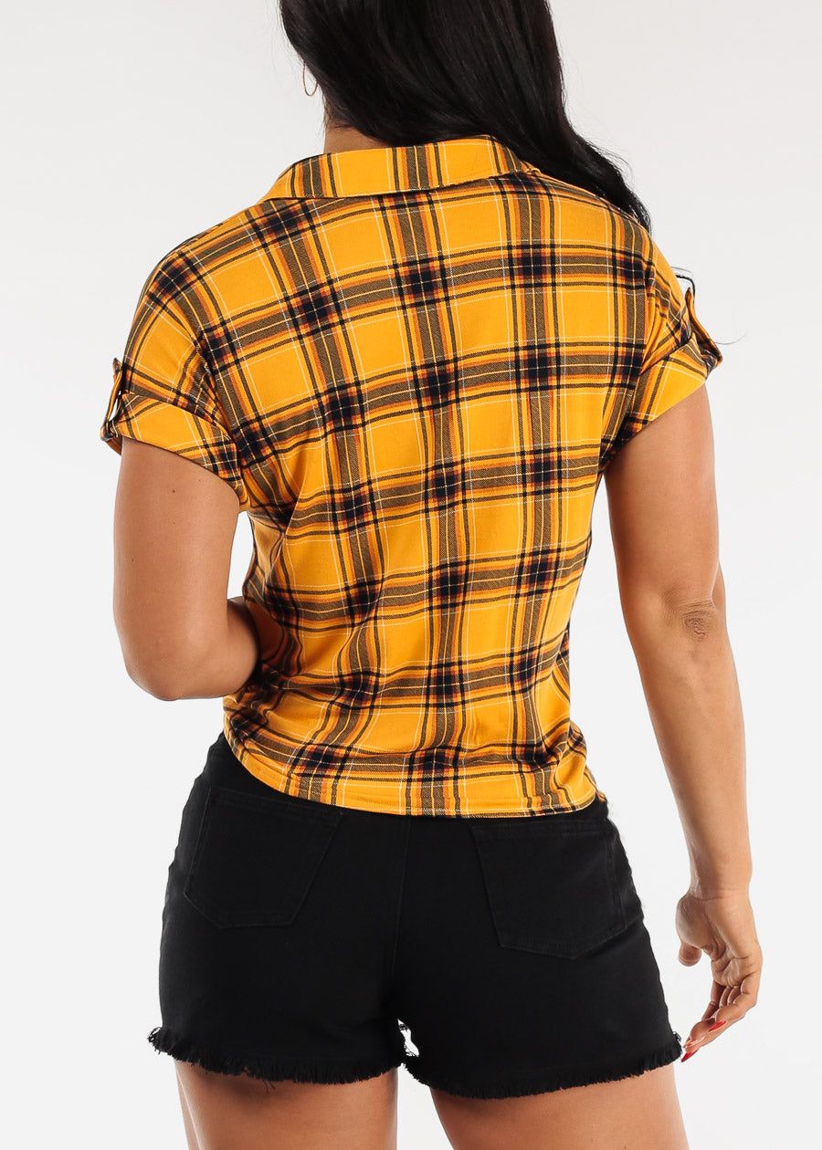 Short Sleeve Tie Front Button Up Plaid Shirt Mustard sold by Moda product image thumbnail 4
