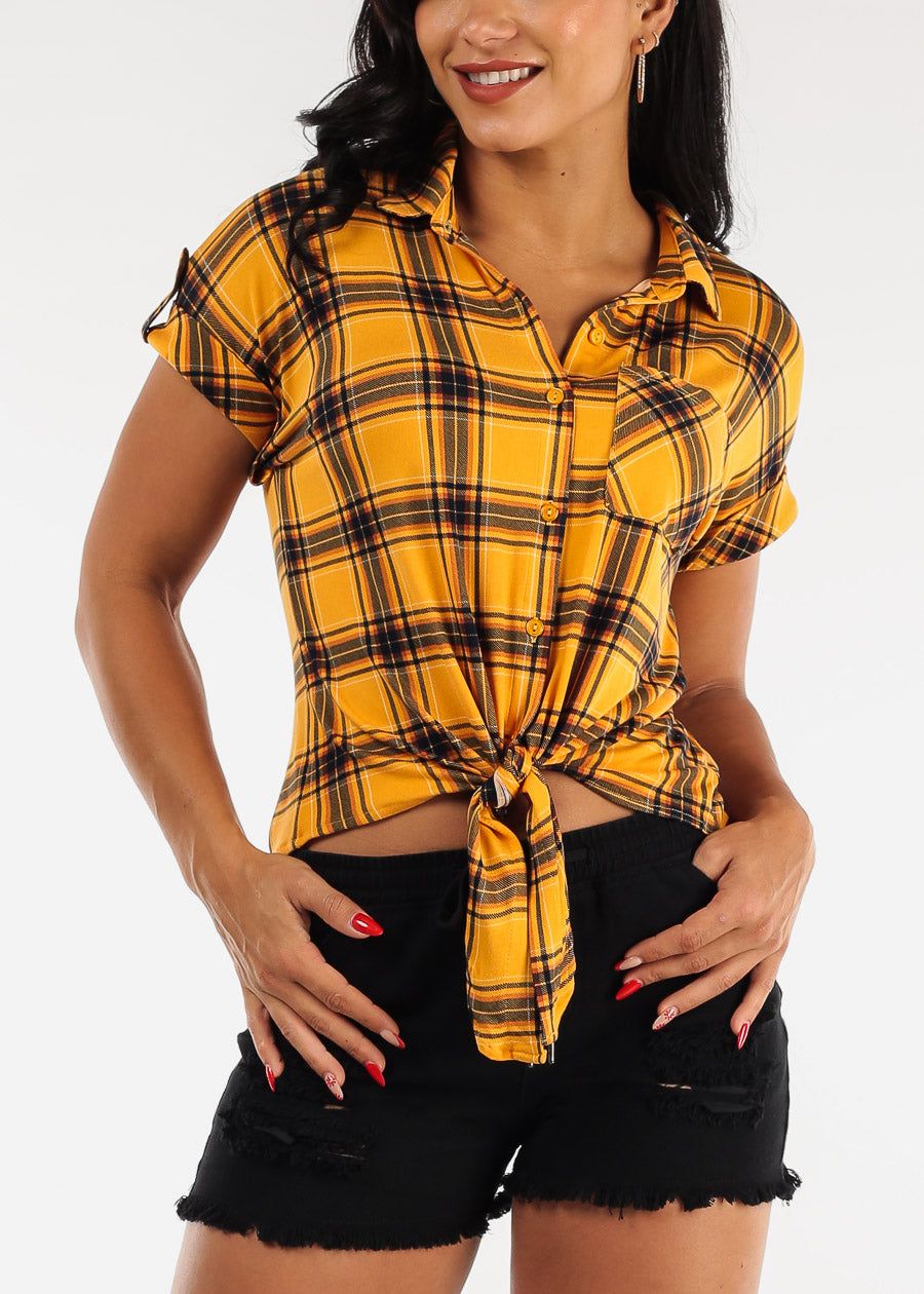 Short Sleeve Tie Front Button Up Plaid Shirt Mustard sold by Moda