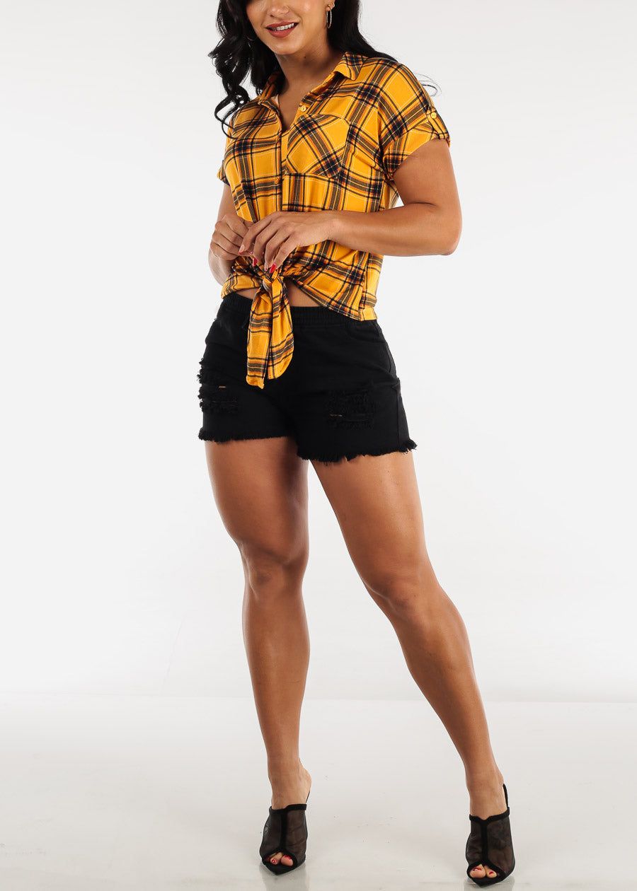 Short Sleeve Tie Front Button Up Plaid Shirt Mustard sold by Moda product image thumbnail 2