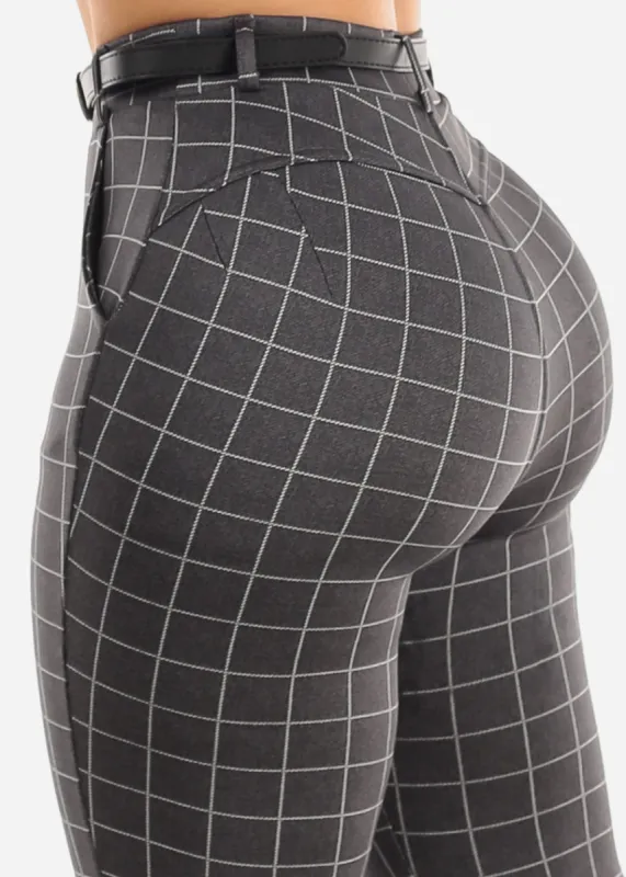 Butt Lifting Plaid Skinny Pants Grey w Belt sold by Moda