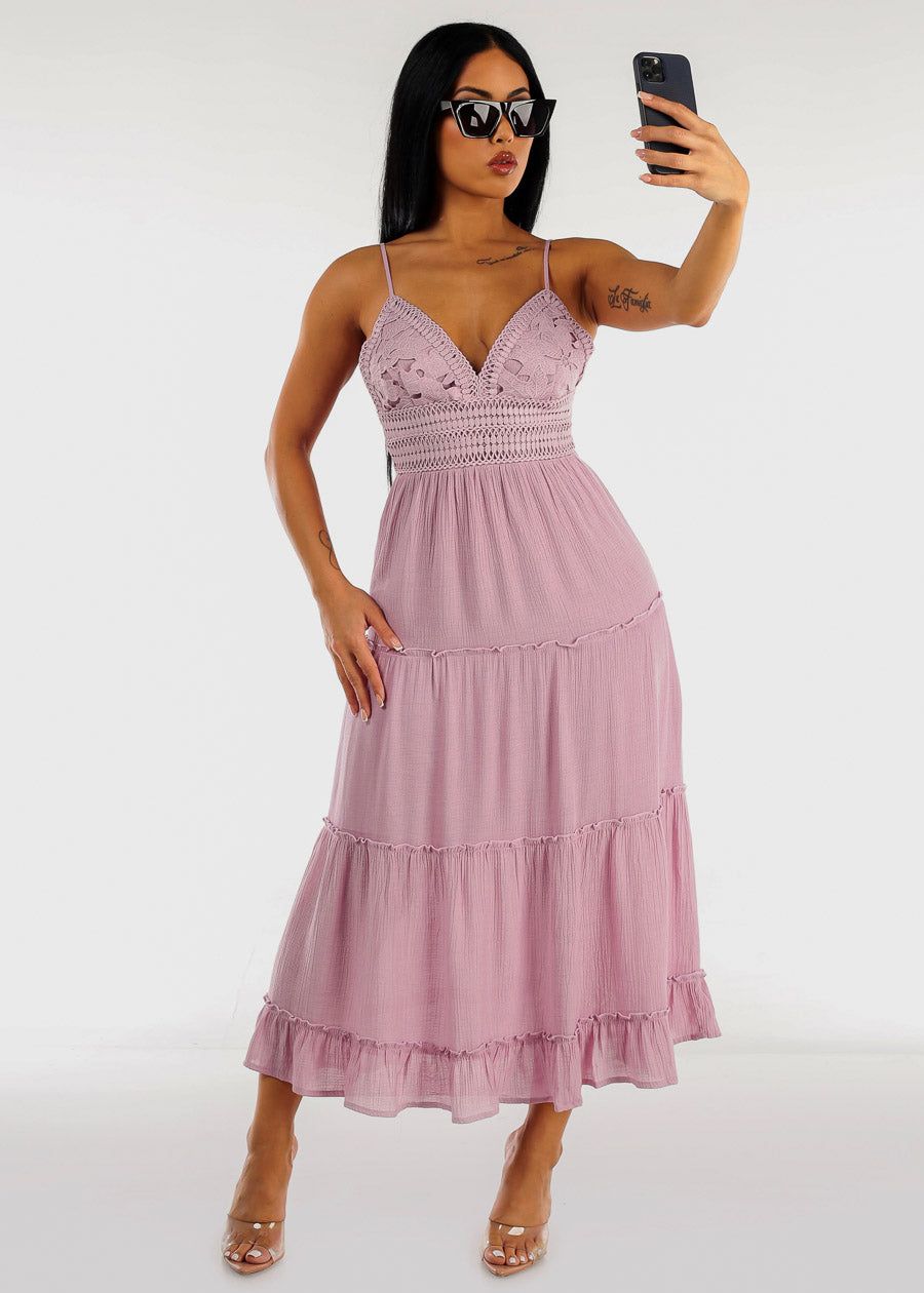 Sleeveless Tie Back Crochet Maxi Dress Lilac sold by Moda