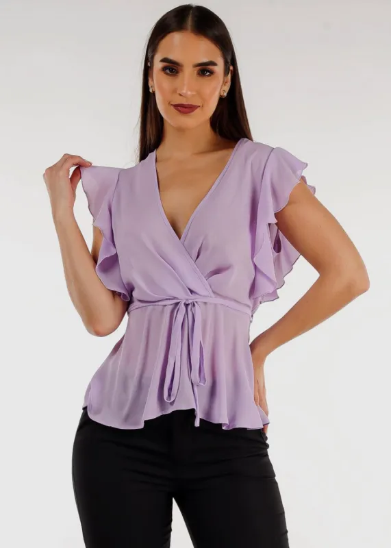 Short Sleeve Surplice Peplum Blouse Lavender w Ruffle Trim sold by Moda