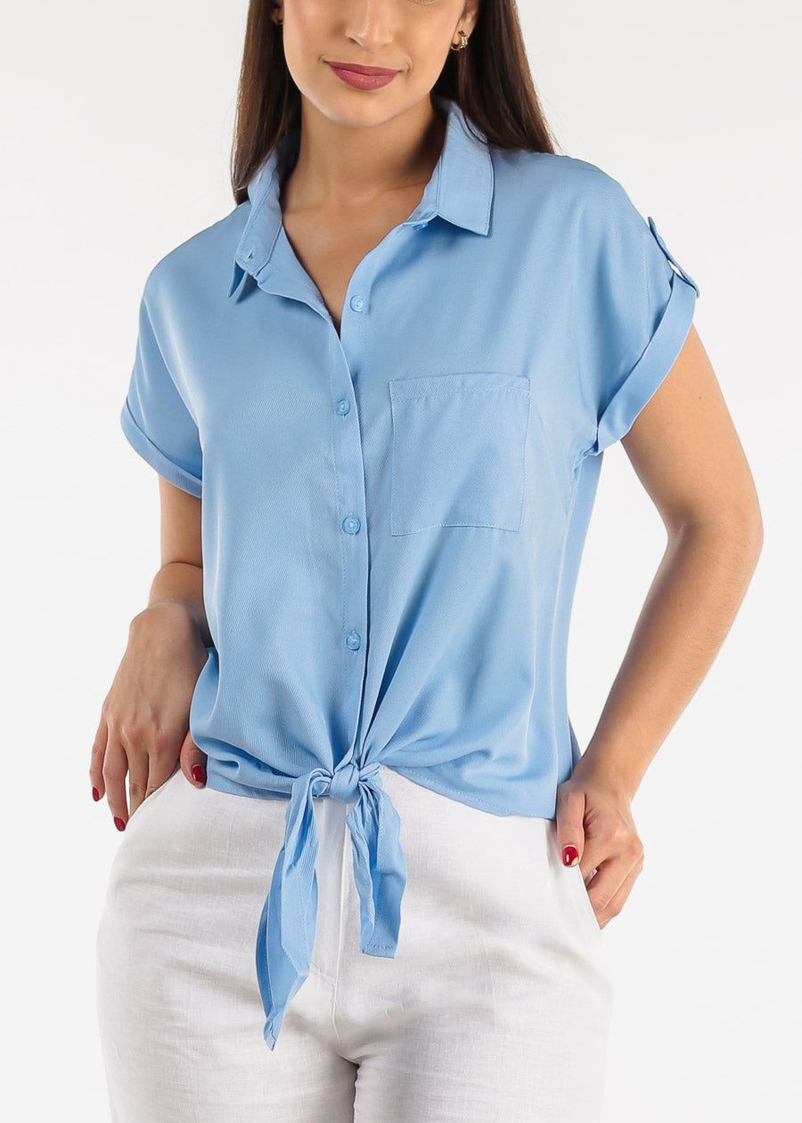Short Sleeve Button Up Blouse Blue w Tie Front sold by Moda
