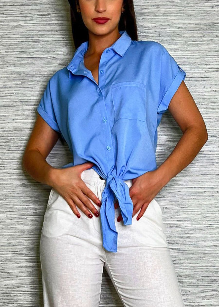 Short Sleeve Button Up Blouse Blue w Tie Front sold by Moda product image thumbnail 3