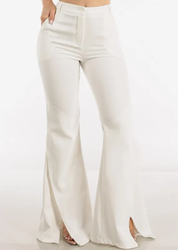White High Waisted Front Slit Elegant Flared Pants sold by Moda