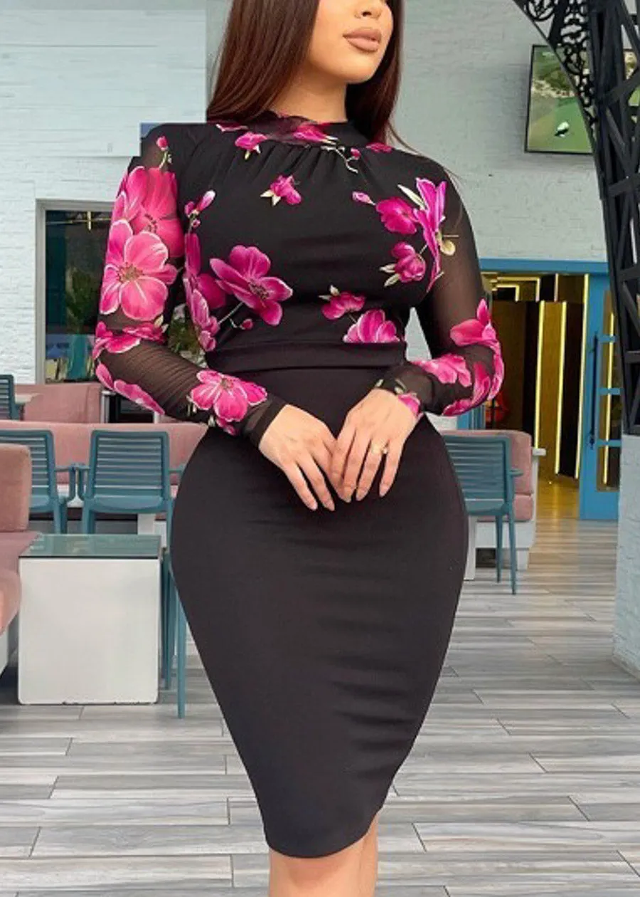 Black Floral Long Sleeve Bodycon Knee Length Dress Fuchsia sold by Moda product image thumbnail 3