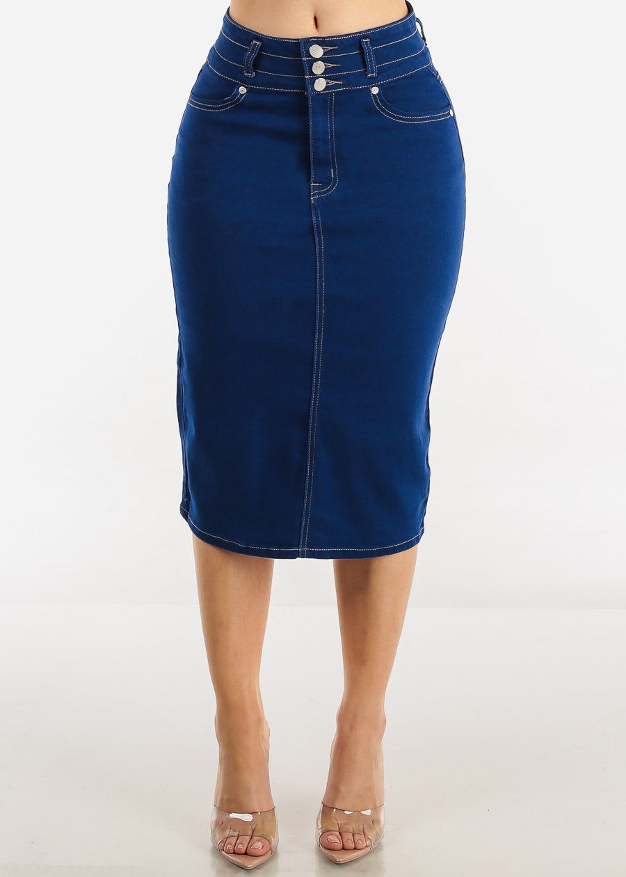 High Waist 3 Button Royal Blue Denim Pencil Skirt sold by Moda
