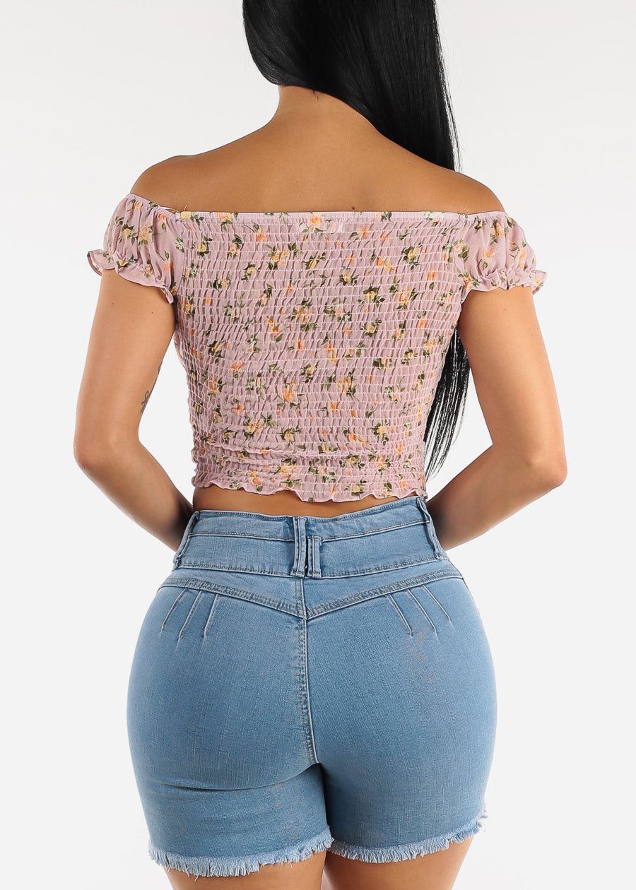 Off Shoulder Lace Up Floral Ruched Crop Top Lilac sold by Moda product image thumbnail 6