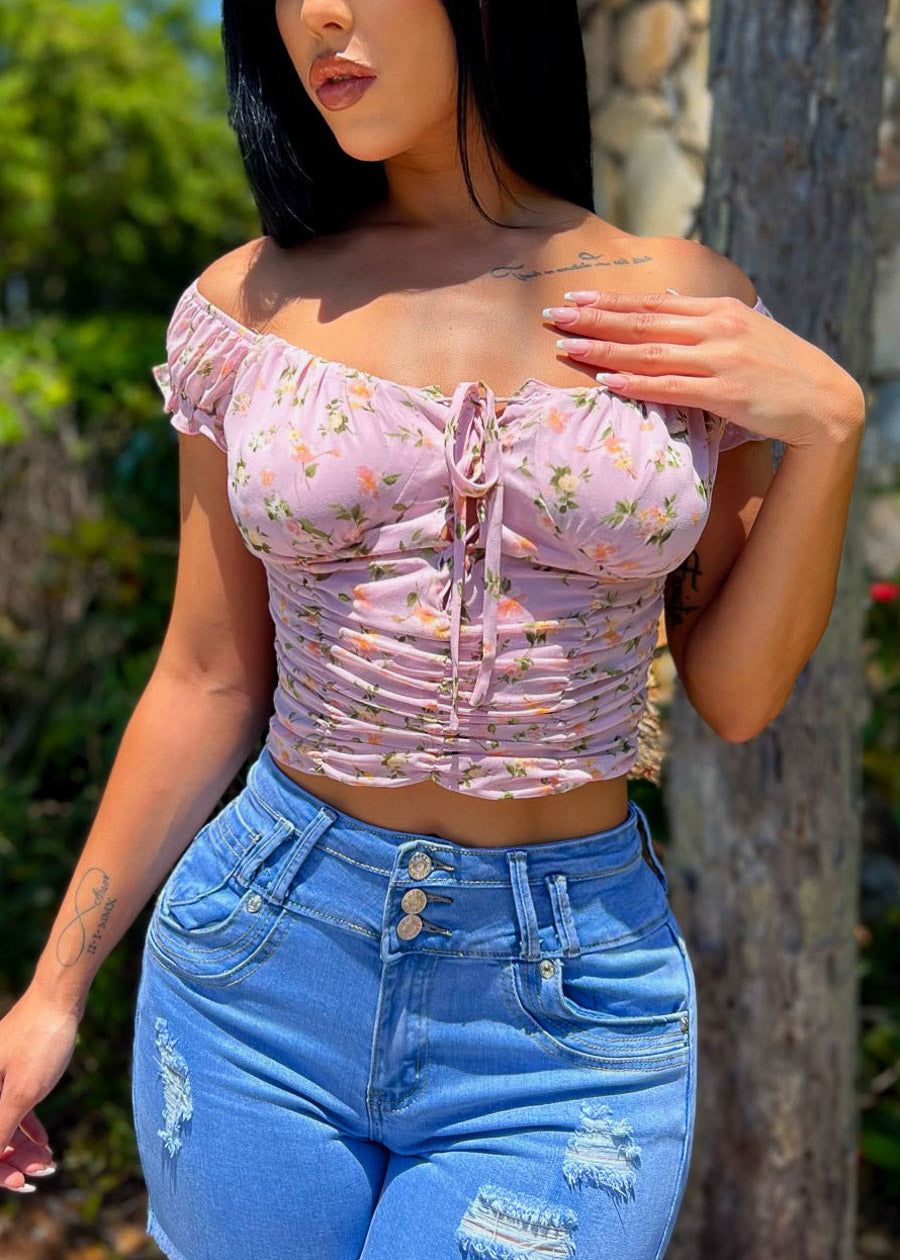 Off Shoulder Lace Up Floral Ruched Crop Top Lilac sold by Moda