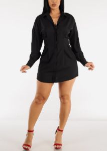 Long Sleeve Button Down Pleated Mini Shirtdress Black sold by Moda