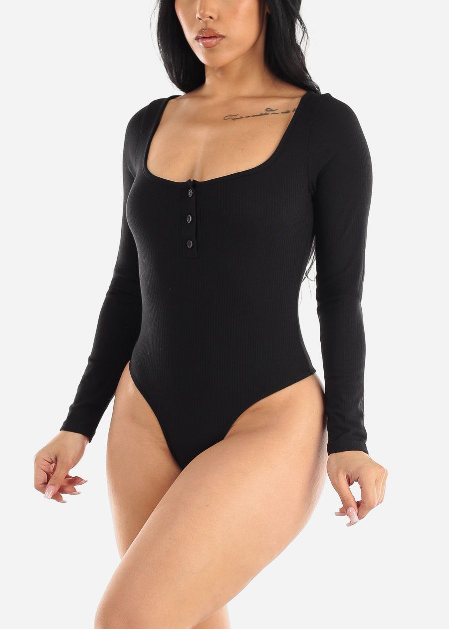 Long Sleeve Black Rib-Knit Thong Bodysuit sold by Moda