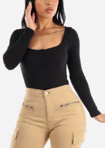 Long Sleeve Black Rib-Knit Thong Bodysuit sold by Moda