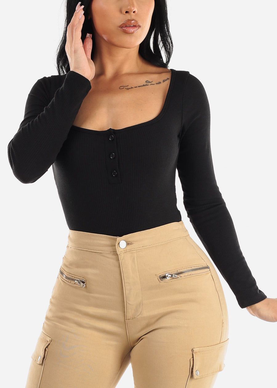 Long Sleeve Black Rib-Knit Thong Bodysuit sold by Moda product image thumbnail 5