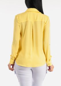 Button Down Collared Long Sleeve Blouse Yellow sold by Moda