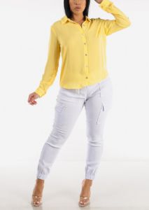 Button Down Collared Long Sleeve Blouse Yellow sold by Moda
