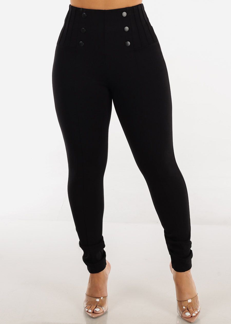 Black Super High Waist Dressy Skinny Pants w Buttons sold by Moda
