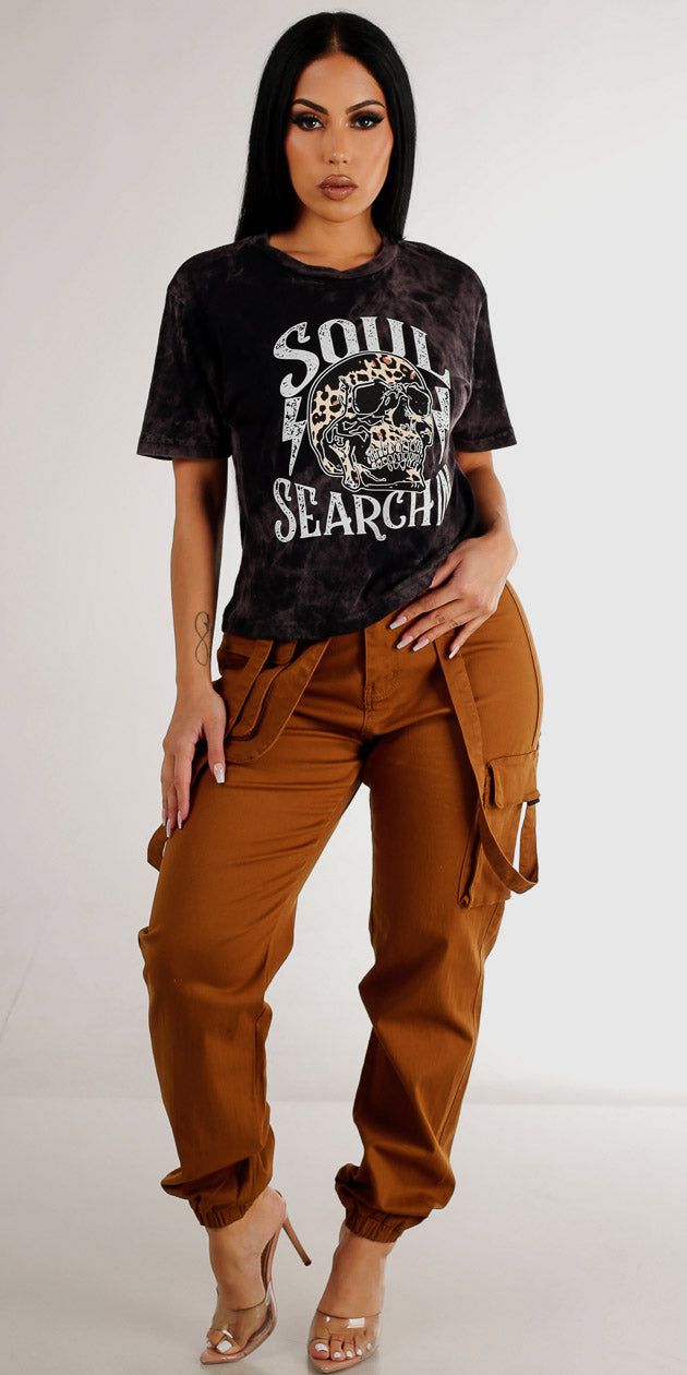 High Waisted Cargo Joggers with Straps and Short Sleeve Tie Dye Vintage Graphic T-Shirt sold by Moda product image thumbnail 4