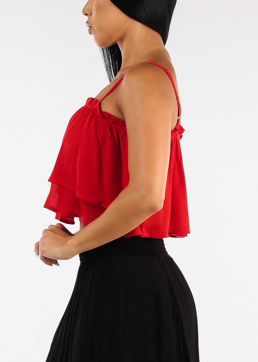 Spaghetti Strap Layered Ruffle Cami Crop Top Red sold by Moda product image thumbnail 3