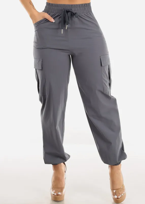High Waist Drawstring Cargo Jogger Pants Grey sold by Moda