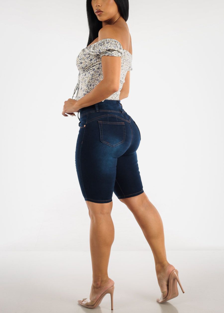 High Waisted Butt Lifting Distressed Dark Bermuda Shorts sold by Moda product image thumbnail 5