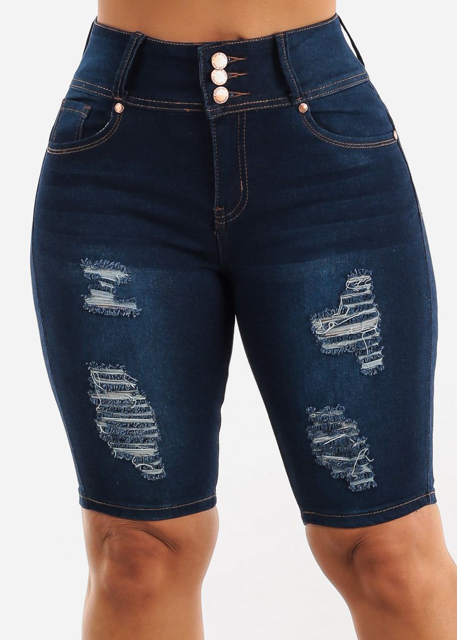 High Waisted Butt Lifting Distressed Dark Bermuda Shorts sold by Moda product image thumbnail 3