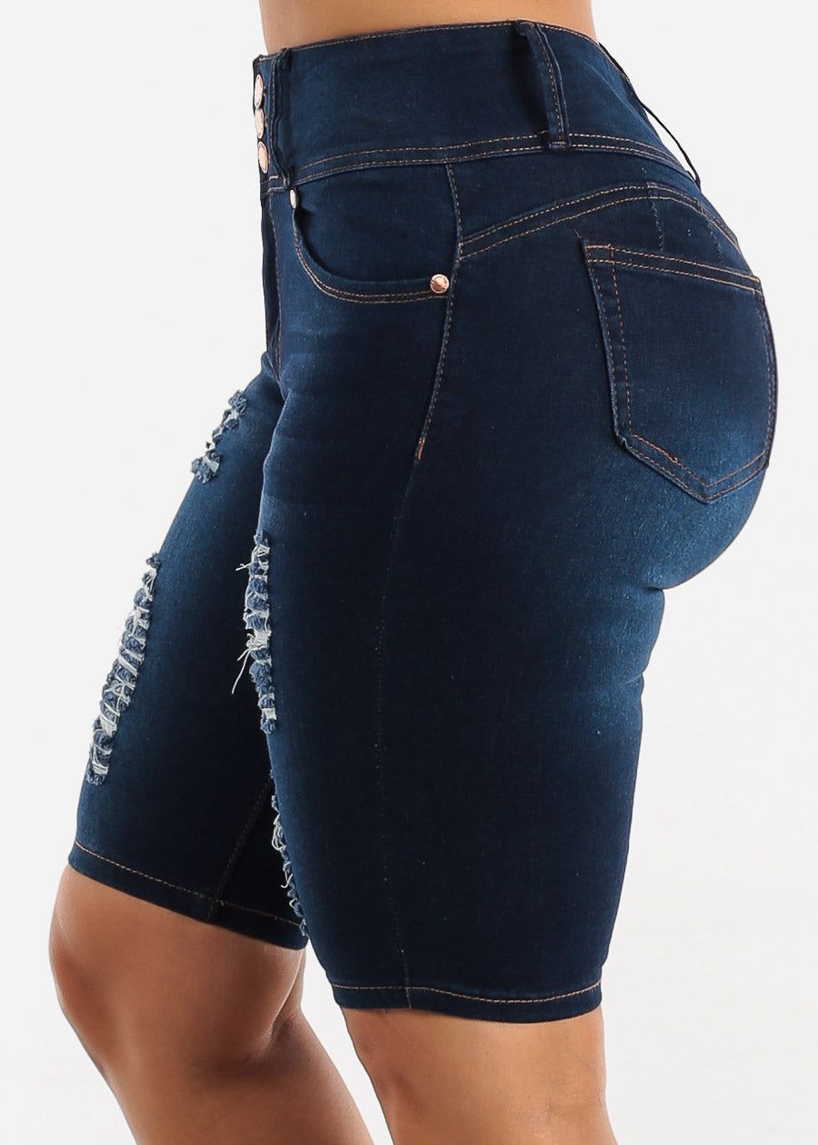 High Waisted Butt Lifting Distressed Dark Bermuda Shorts sold by Moda product image thumbnail 4