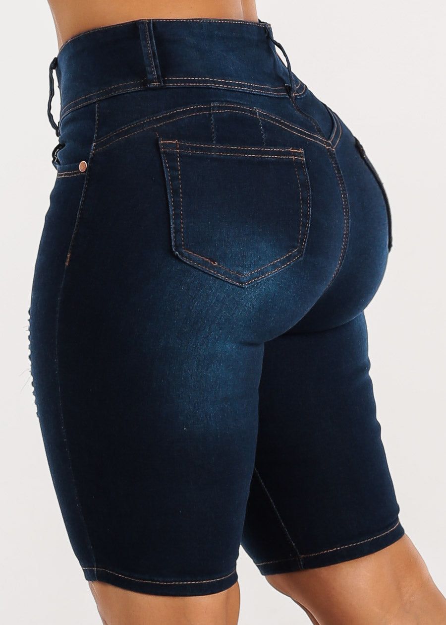 High Waisted Butt Lifting Distressed Dark Bermuda Shorts sold by Moda