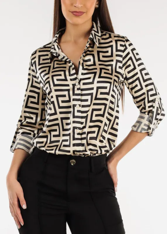 Printed Long Sleeve Button Down Satin Blouse sold by Moda