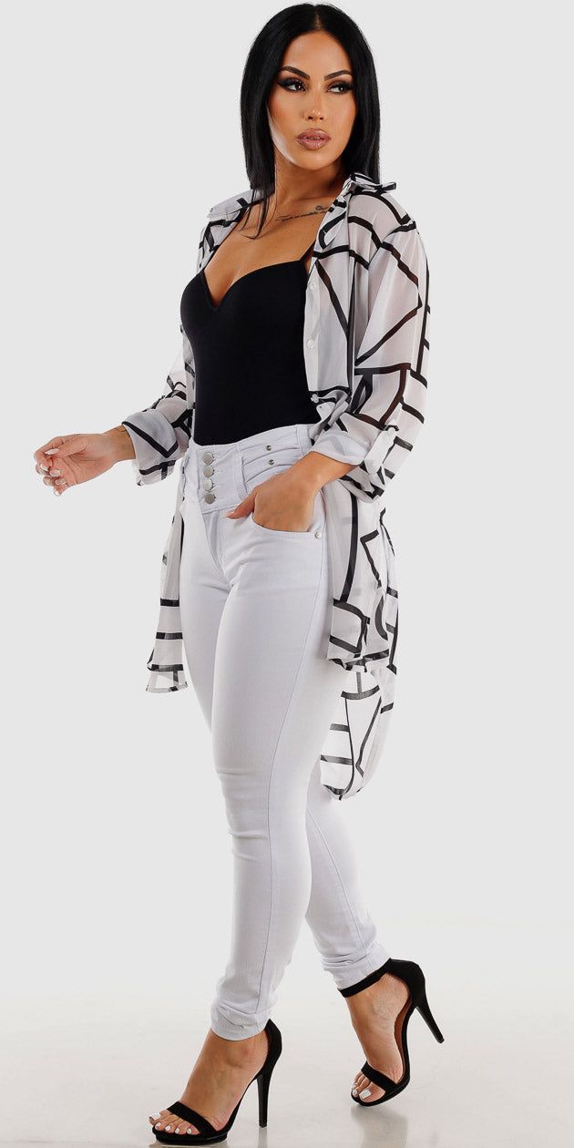 White Butt Lifting Skinny Jeans Black Seamless Thong Bodysuit and White Printed Tunic Shirt sold by Moda product image thumbnail 3