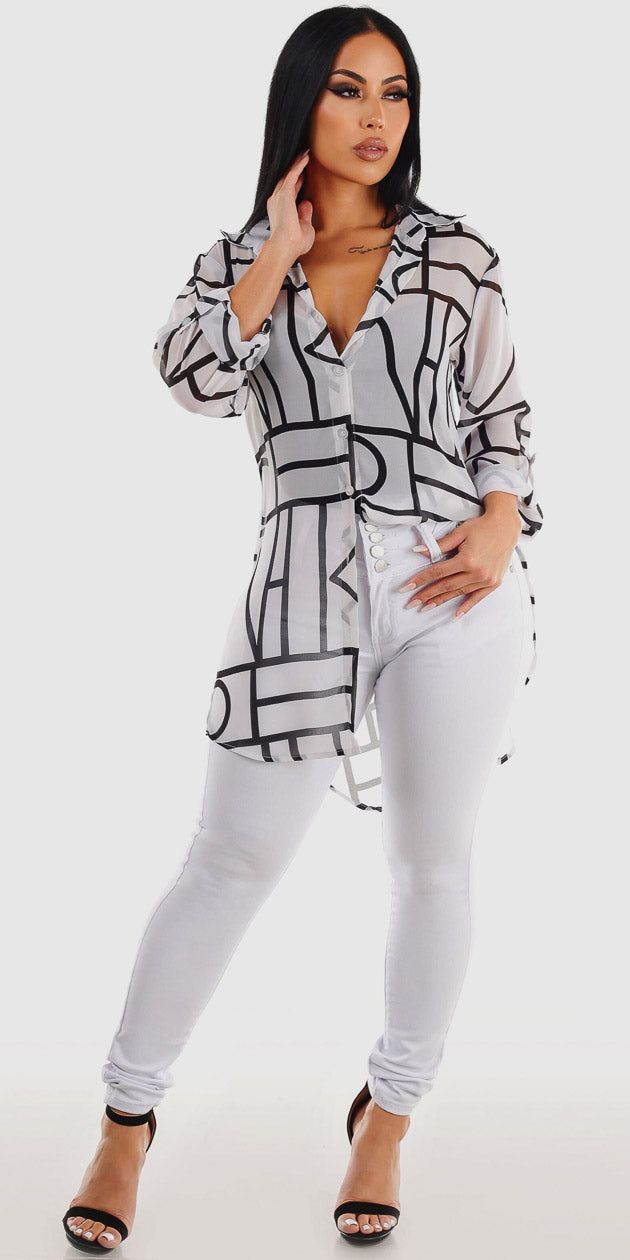 White Butt Lifting Skinny Jeans Black Seamless Thong Bodysuit and White Printed Tunic Shirt sold by Moda